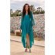 Rochie eleganta lunga din voal verde turcoaz, petrecuta, asimetrica, cu maneca lunga, Jessica 2 - jojofashion.ro