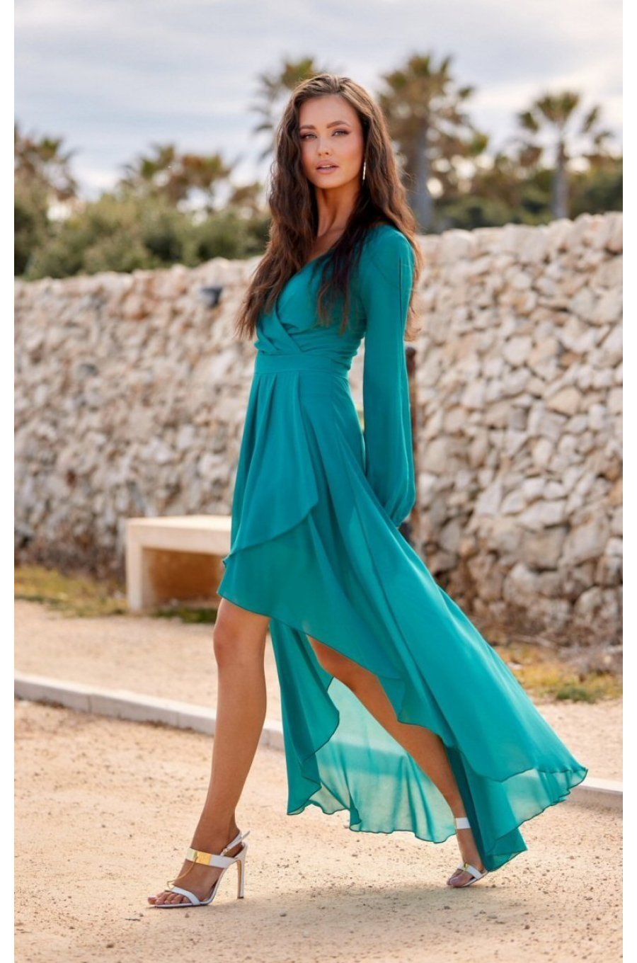 Rochie eleganta lunga din voal verde turcoaz, petrecuta, asimetrica, cu maneca lunga, Jessica 2 - jojofashion.ro