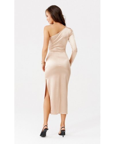 Rochie eleganta din satin bej mulata cu un umar gol Jonna Rochii de club, Rochie eleganta din satin bej mulata cu un umar gol Jonna - jojofashion.ro