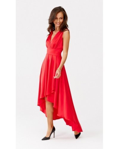 Rochie eleganta midi, din satin, rosie, asimetrica, cu trena, Jennifer Rochii rosii, Rochie eleganta midi, din satin, rosie, asimetrica, cu trena, Jennifer - jojofashion.ro
