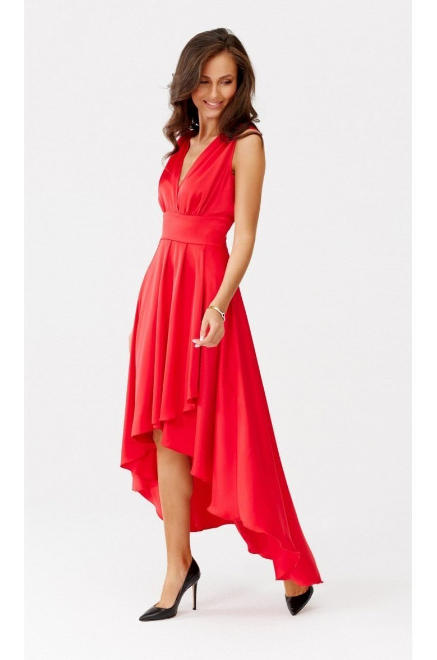 Rochie eleganta midi, din satin, rosie, asimetrica, cu trena, Jennifer 2 - jojofashion.ro
