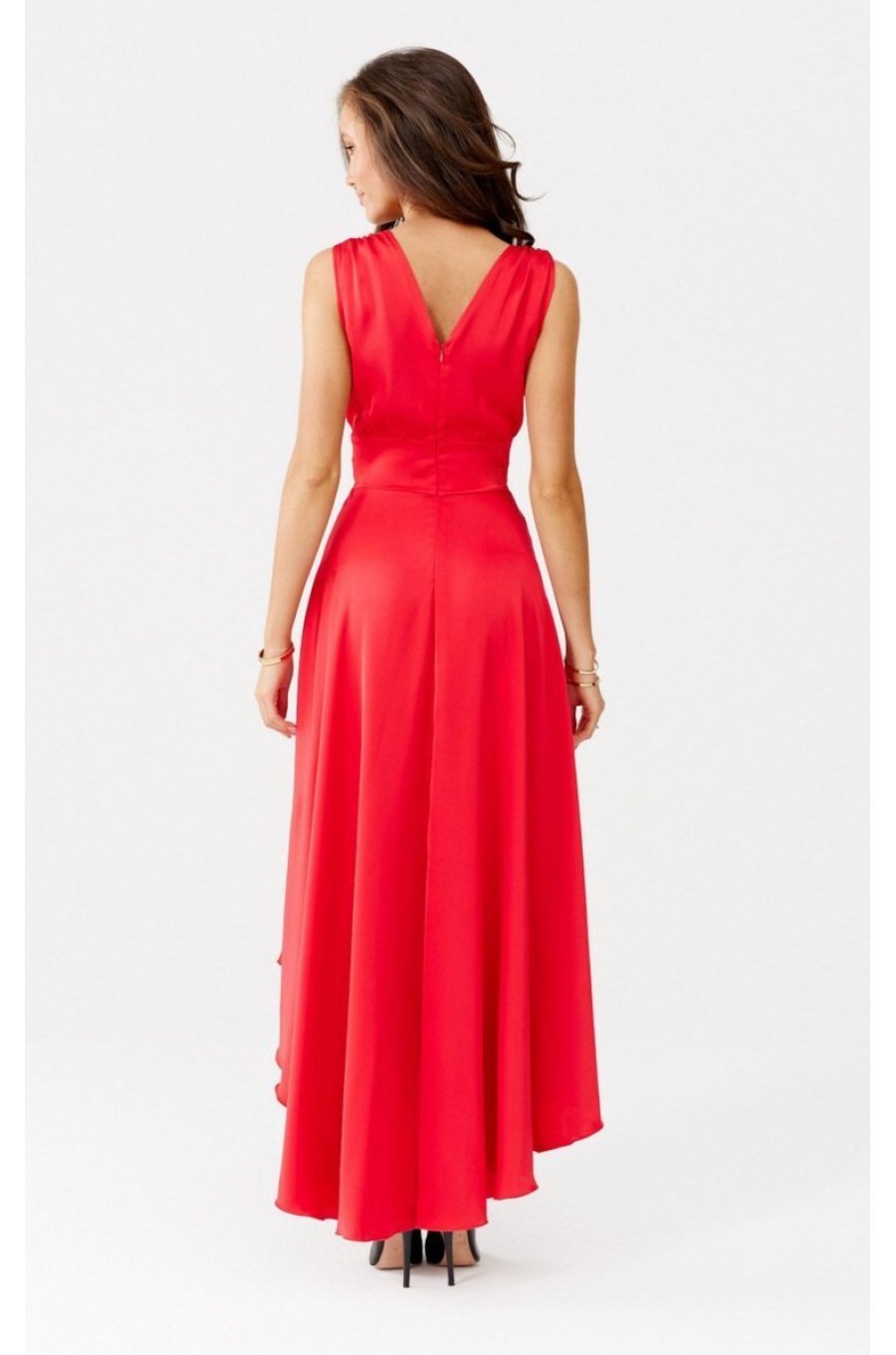 Rochie eleganta midi, din satin, rosie, asimetrica, cu trena, Jennifer 3 - jojofashion.ro