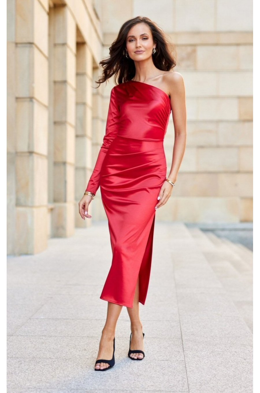 Rochie eleganta rosie din satin mulata cu un umar gol Jonna 1 - jojofashion.ro