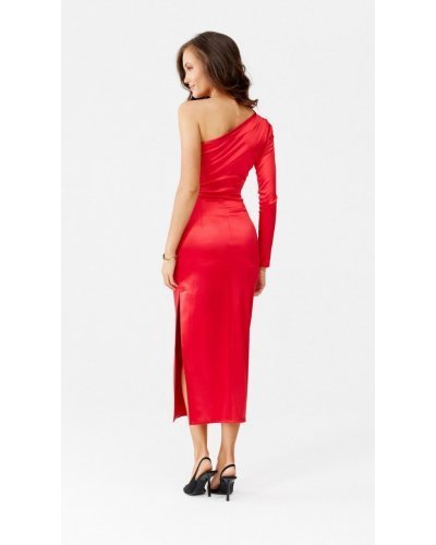 Rochie eleganta rosie din satin mulata cu un umar gol Jonna Rochii de nasa, Rochie eleganta rosie din satin mulata cu un umar gol Jonna - jojofashion.ro