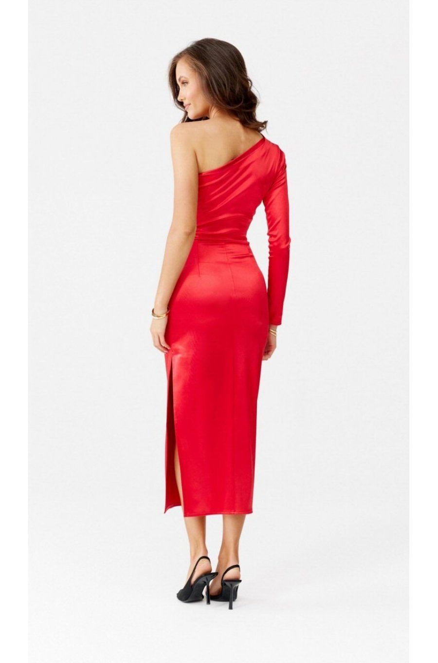 Rochie eleganta midi, din satin, rosie, mulata, cu un umar gol, Jonna 2 - jojofashion.ro