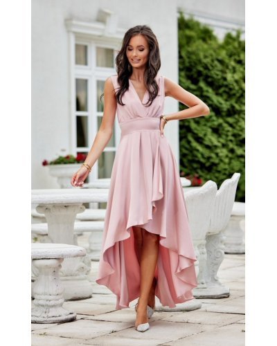 Rochie midi eleganta din satin roz pudra asimetrica cu trena Jennifer Rochii satin, Rochie midi eleganta din satin roz pudra asimetrica cu trena Jennifer - jojofashion.ro