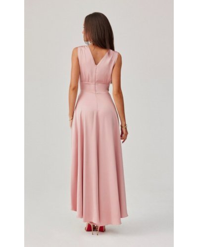Rochie midi eleganta din satin roz pudra asimetrica cu trena Jennifer Rochii satin, Rochie midi eleganta din satin roz pudra asimetrica cu trena Jennifer - jojofashion.ro