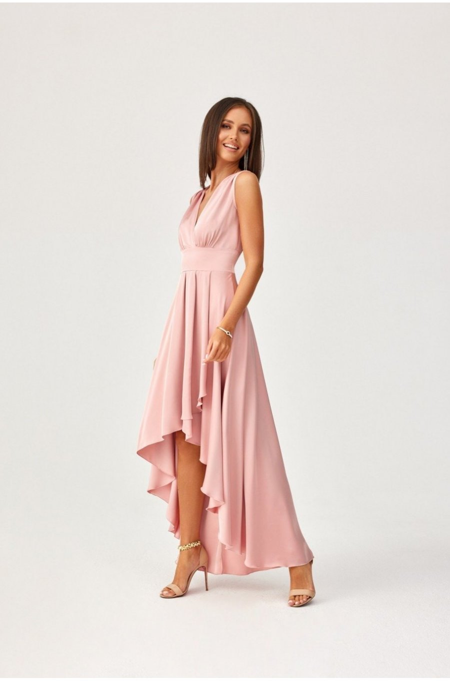 Rochie midi eleganta din satin roz pudra asimetrica cu trena Jennifer 4 - jojofashion.ro