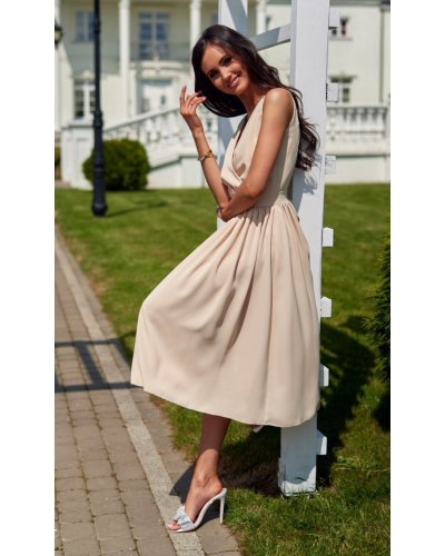 Rochie din voal bej vaporoasa midi Margie Rochii cununie civila, Rochie din voal bej vaporoasa midi Margie - jojofashion.ro