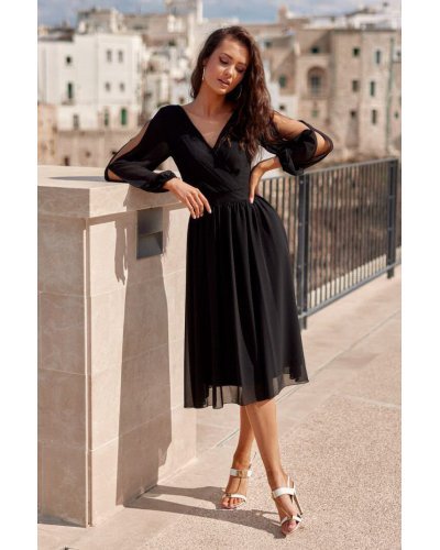 Rochie midi neagra din voal cu maneca lunga vaporoasa Melen Rochii midi, Rochie midi neagra din voal cu maneca lunga vaporoasa Melen - jojofashion.ro
