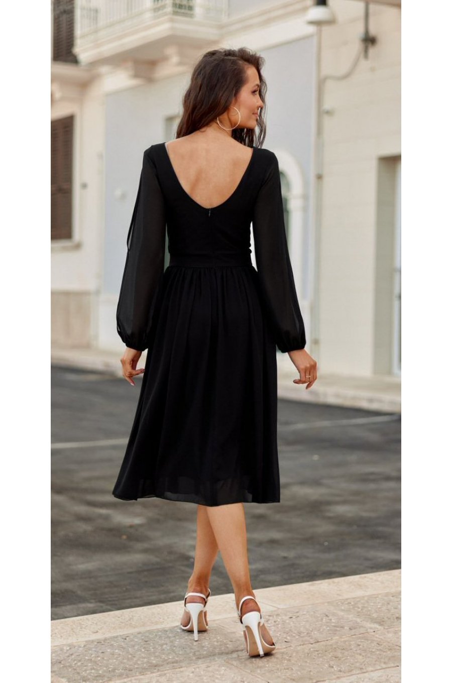 Rochie eleganta midi, din voal, neagra, cu maneca lunga, vaporoasa, Melen 2 - jojofashion.ro