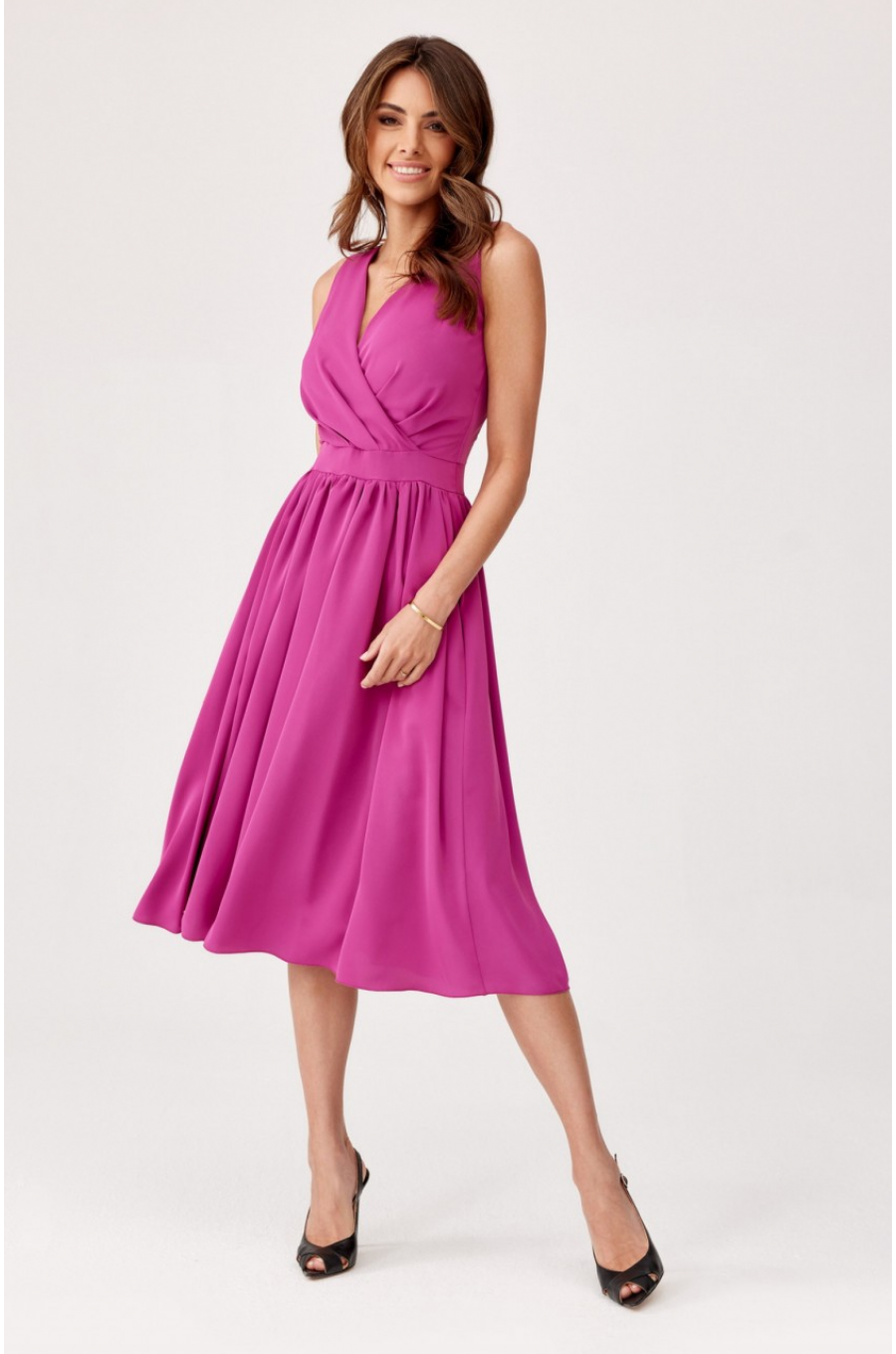 Rochie eleganta midi, din voal, roz magenta, vaporoasa, petrecuta, Margie 2 - jojofashion.ro