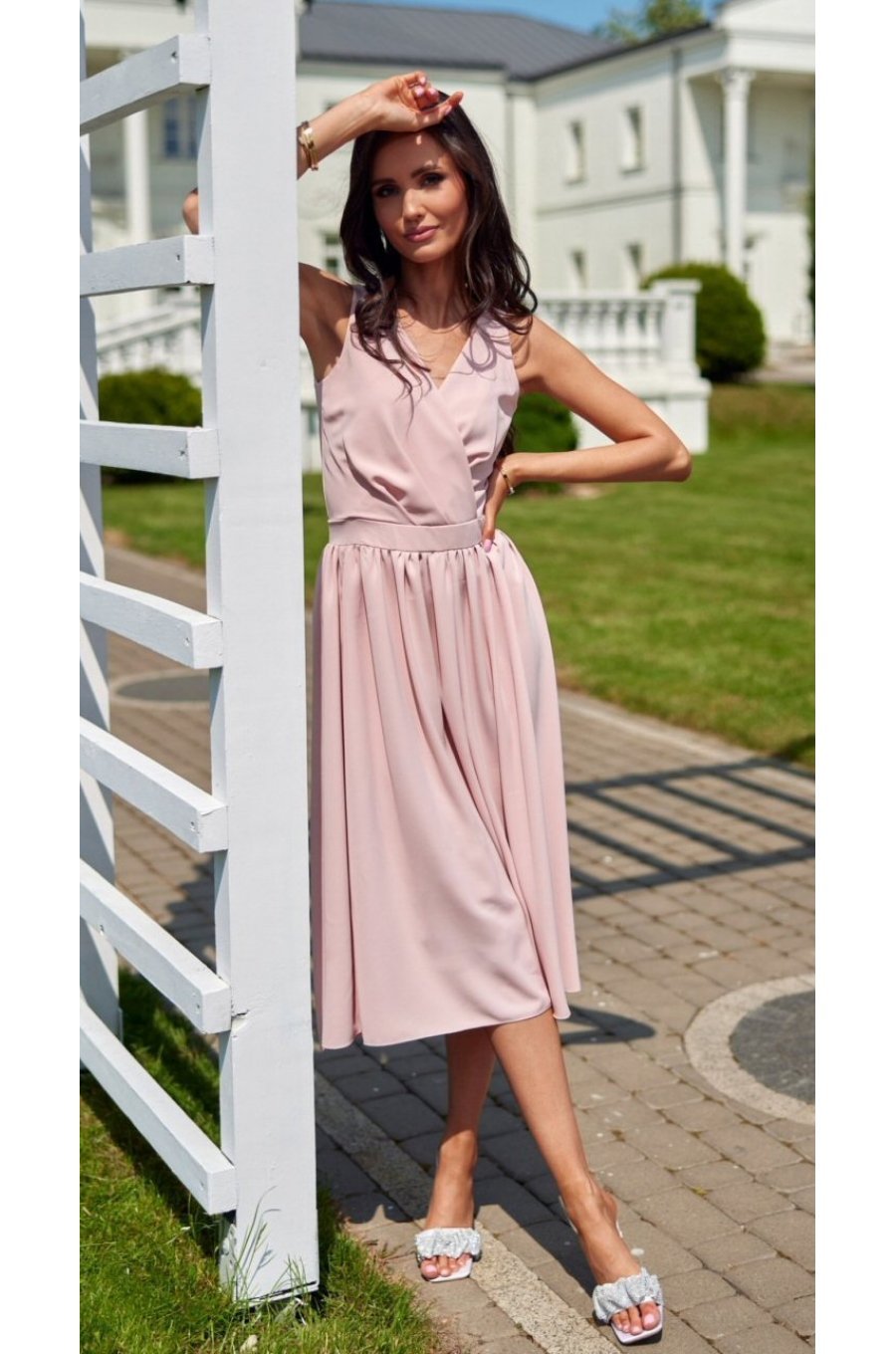 Rochie eleganta midi, din voal, roz pal, vaporoasa, petrecuta, Margie 3 - jojofashion.ro