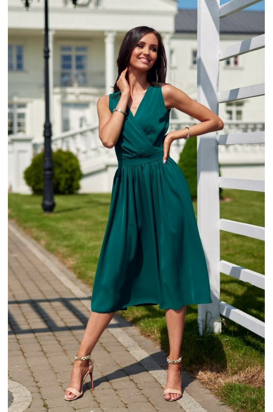 Rochie eleganta midi, din voal, verde, vaporoasa, petrecuta, Margie 1 - jojofashion.ro