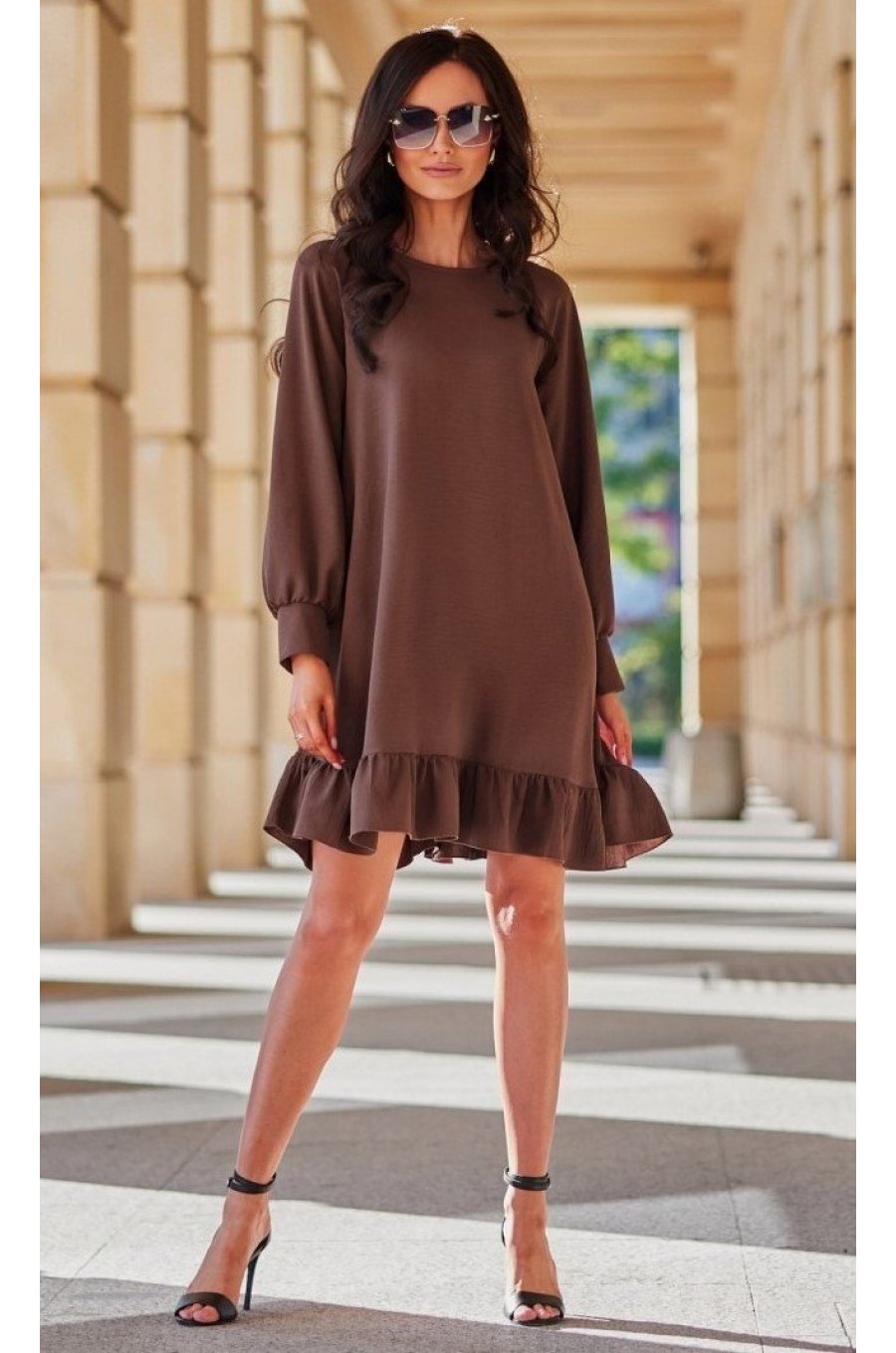 Rochie scurta maro cu maneca lunga si volan SintraR 3 - jojofashion.ro