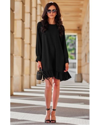 Rochie scurta neagra cu maneca lunga si volan SintraR Rochii de zi, Rochie scurta neagra cu maneca lunga si volan SintraR - jojofashion.ro