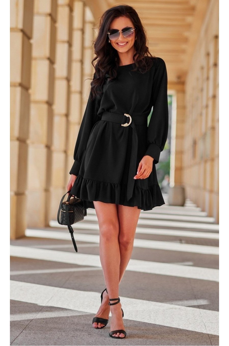 Rochie scurta neagra cu maneca lunga si volan SintraR 2 - jojofashion.ro