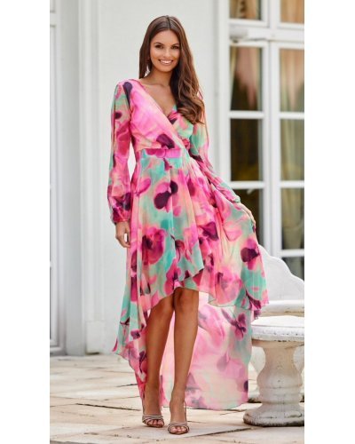 Rochie din voal lunga cu flori roz, cu maneca lunga, vaporoasa, Sureya Rochii de zi, Rochie din voal lunga cu flori roz, cu maneca lunga, vaporoasa, Sureya - jojofashion.ro