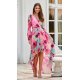 Rochie din voal lunga cu flori roz, cu maneca lunga, vaporoasa, Sureya 2 - jojofashion.ro
