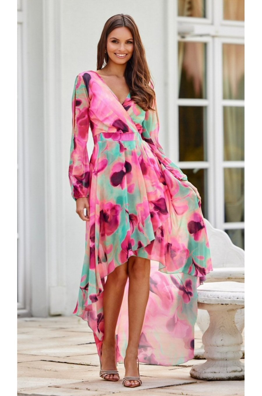Rochie din voal lunga cu flori roz, cu maneca lunga, vaporoasa, Sureya 1 - jojofashion.ro