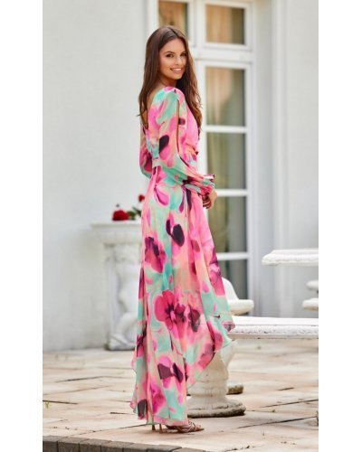 Rochie din voal lunga cu flori roz, cu maneca lunga, vaporoasa, Sureya Rochii de zi, Rochie din voal lunga cu flori roz, cu maneca lunga, vaporoasa, Sureya - jojofashion.ro