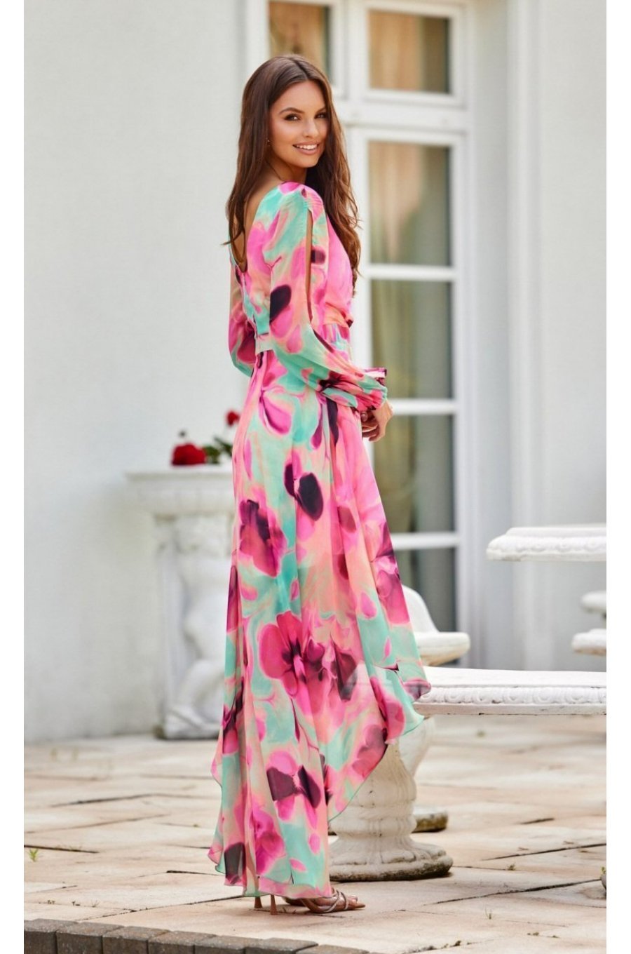 Rochie din voal lunga cu flori roz, cu maneca lunga, vaporoasa, Sureya 2 - jojofashion.ro
