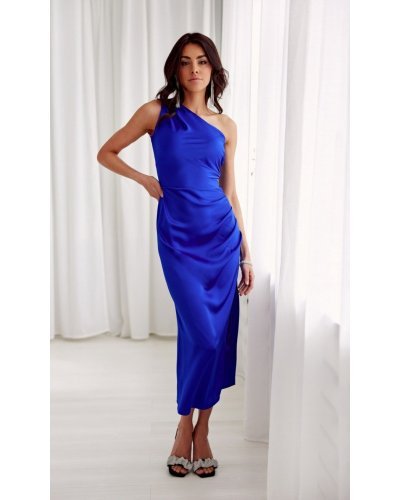 Rochie lunga, din satin, albastra, mulata, cu un umar gol, Lamia Rochii satin, Rochie lunga, din satin, albastra, mulata, cu un umar gol, Lamia - jojofashion.ro
