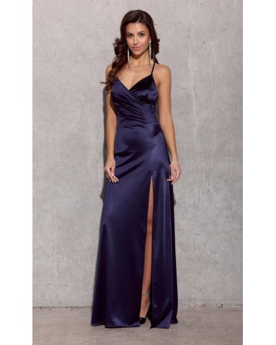 Rochie lunga, din satin, bleumarin, petrecuta, cu spatele gol, AlessandraR Rochii satin, Rochie lunga, din satin, bleumarin, petrecuta, cu spatele gol, AlessandraR - jojofashion.ro
