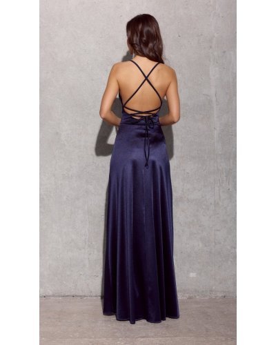 Rochie lunga, din satin, bleumarin, petrecuta, cu spatele gol, AlessandraR Rochii satin, Rochie lunga, din satin, bleumarin, petrecuta, cu spatele gol, AlessandraR - jojofashion.ro