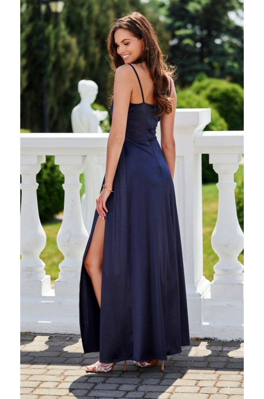 Rochie lunga, din satin, bleumarin, petrecuta, SalmaR 2 - jojofashion.ro