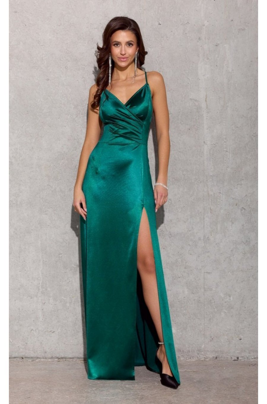 Rochie lunga, din satin, verde, cu spatele gol, petrecuta, AlessandraR 1 - jojofashion.ro
