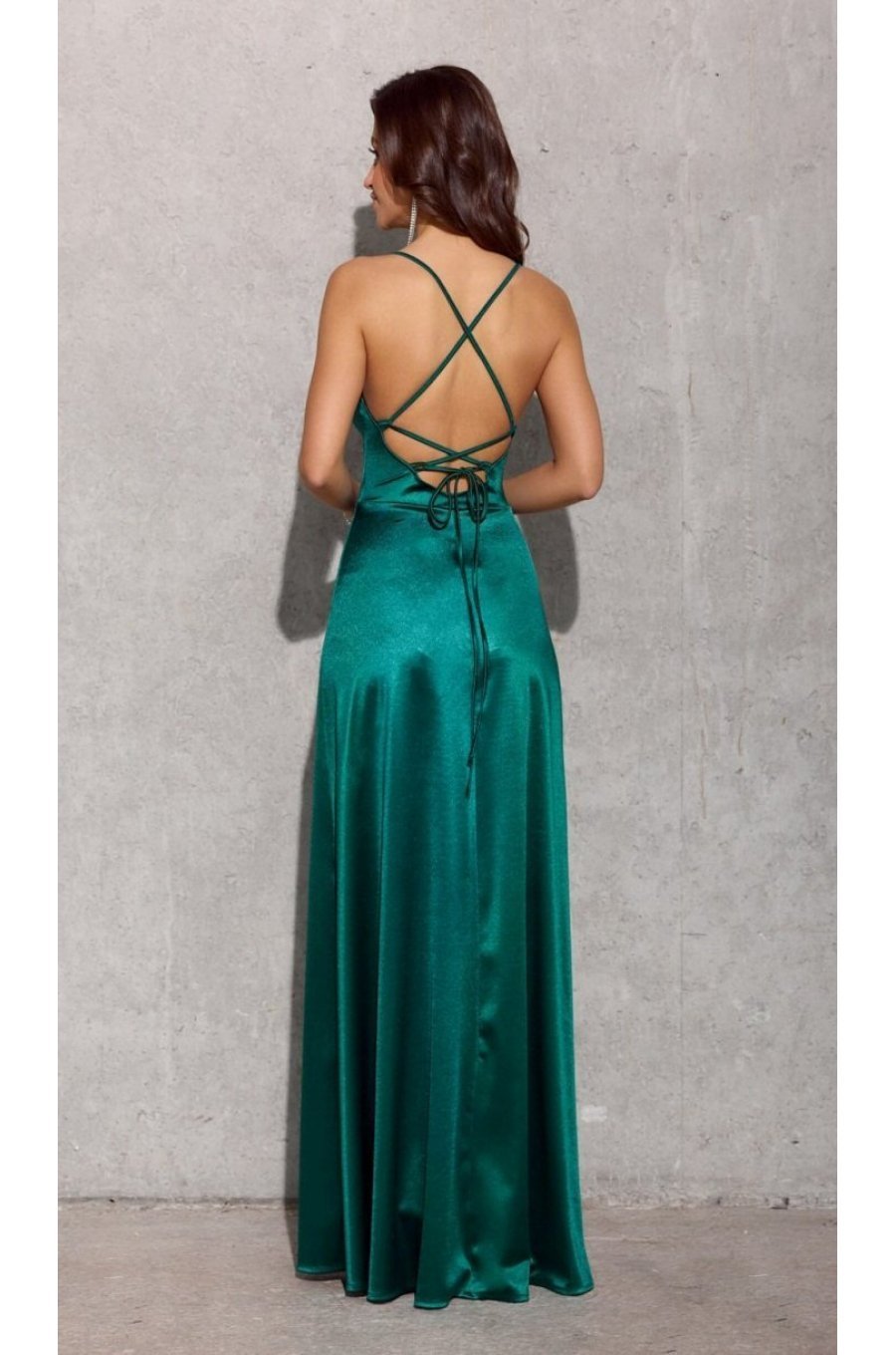 Rochie lunga, din satin, verde, cu spatele gol, petrecuta, AlessandraR 2 - jojofashion.ro