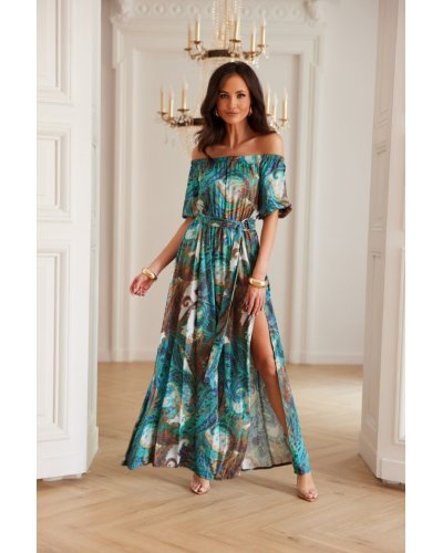 Rochie lunga din vascoza turcoaz cu umerii goi MiaR Rochii lungi, Rochie lunga din vascoza turcoaz cu umerii goi MiaR - jojofashion.ro
