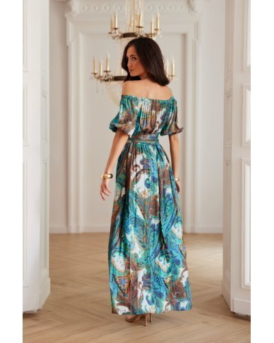 Rochie lunga din vascoza turcoaz cu umerii goi MiaR Rochii lungi, Rochie lunga din vascoza turcoaz cu umerii goi MiaR - jojofashion.ro