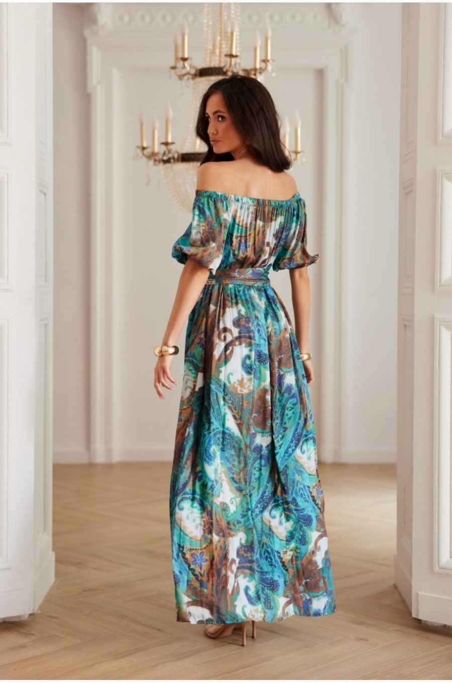 Rochie lunga din vascoza turcoaz cu umerii goi MiaR 2 - jojofashion.ro