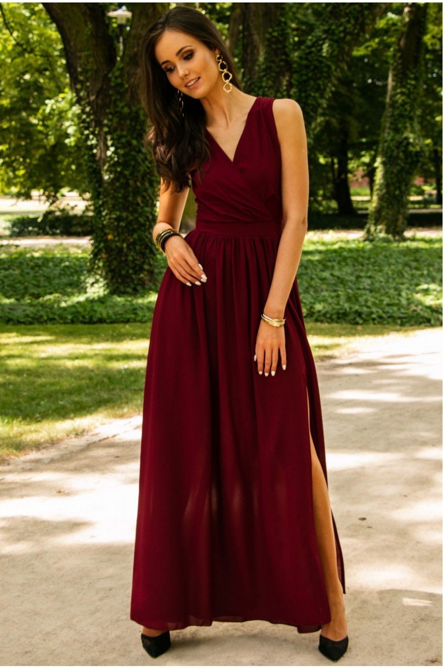 Rochie lunga din voal burgundy vaporoasa Yurianne 3 - jojofashion.ro