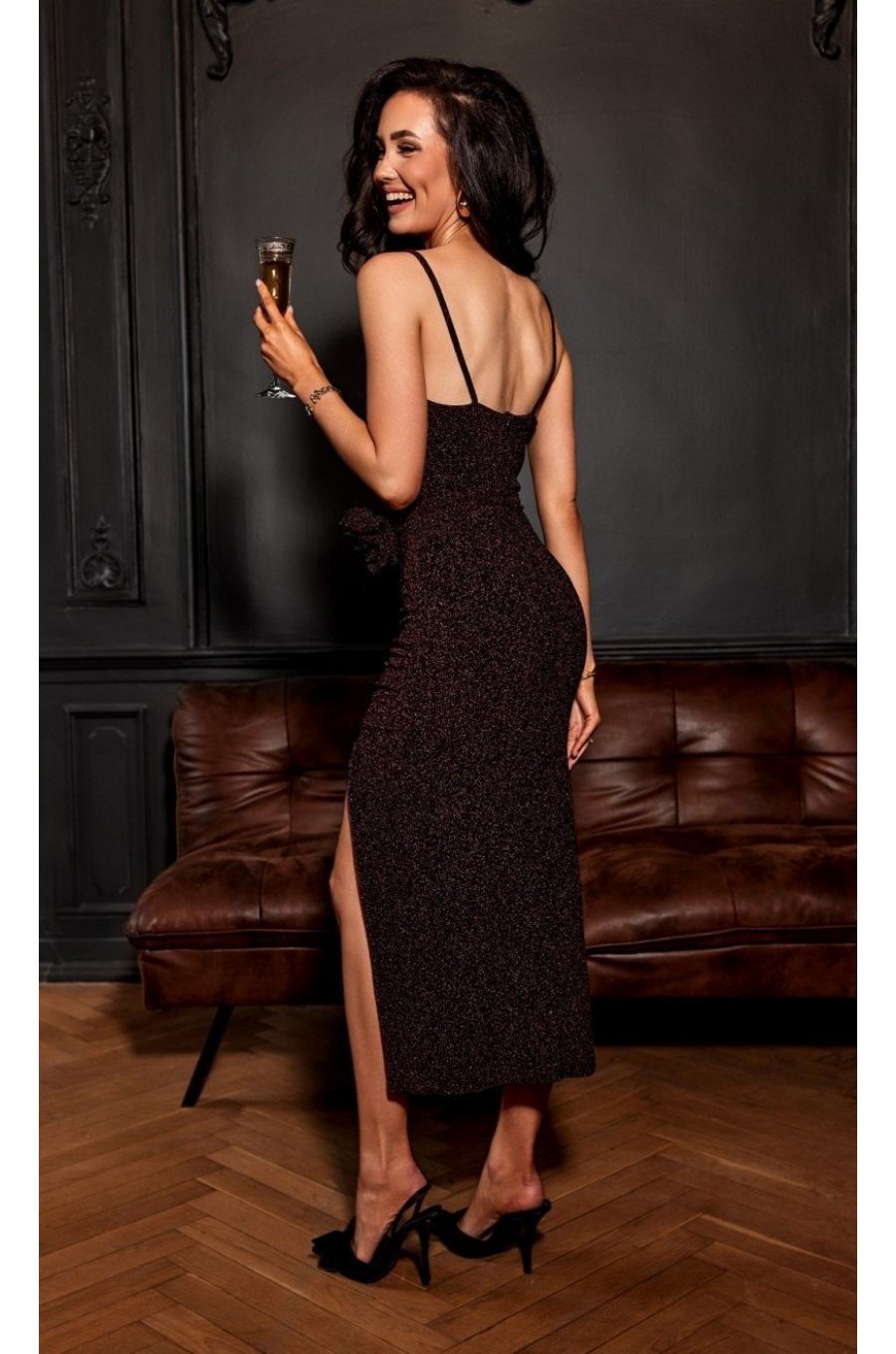 Rochie midi burgundy mulata cu floare din brocard HollyR 2 - jojofashion.ro