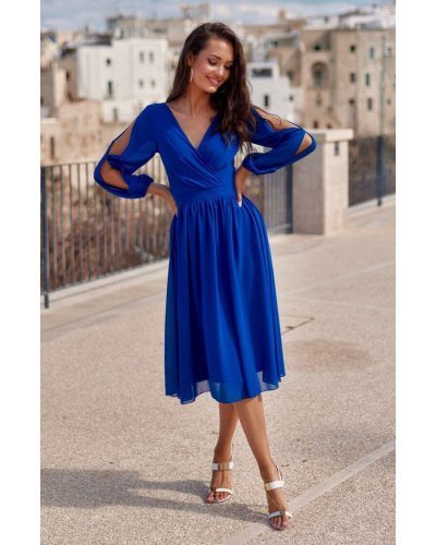 Rochie albastra vaporoasa din voal midi cu maneca lunga petrecuta Melen Rochii de zi, Rochie albastra vaporoasa din voal midi cu maneca lunga petrecuta Melen - jojofashion.ro