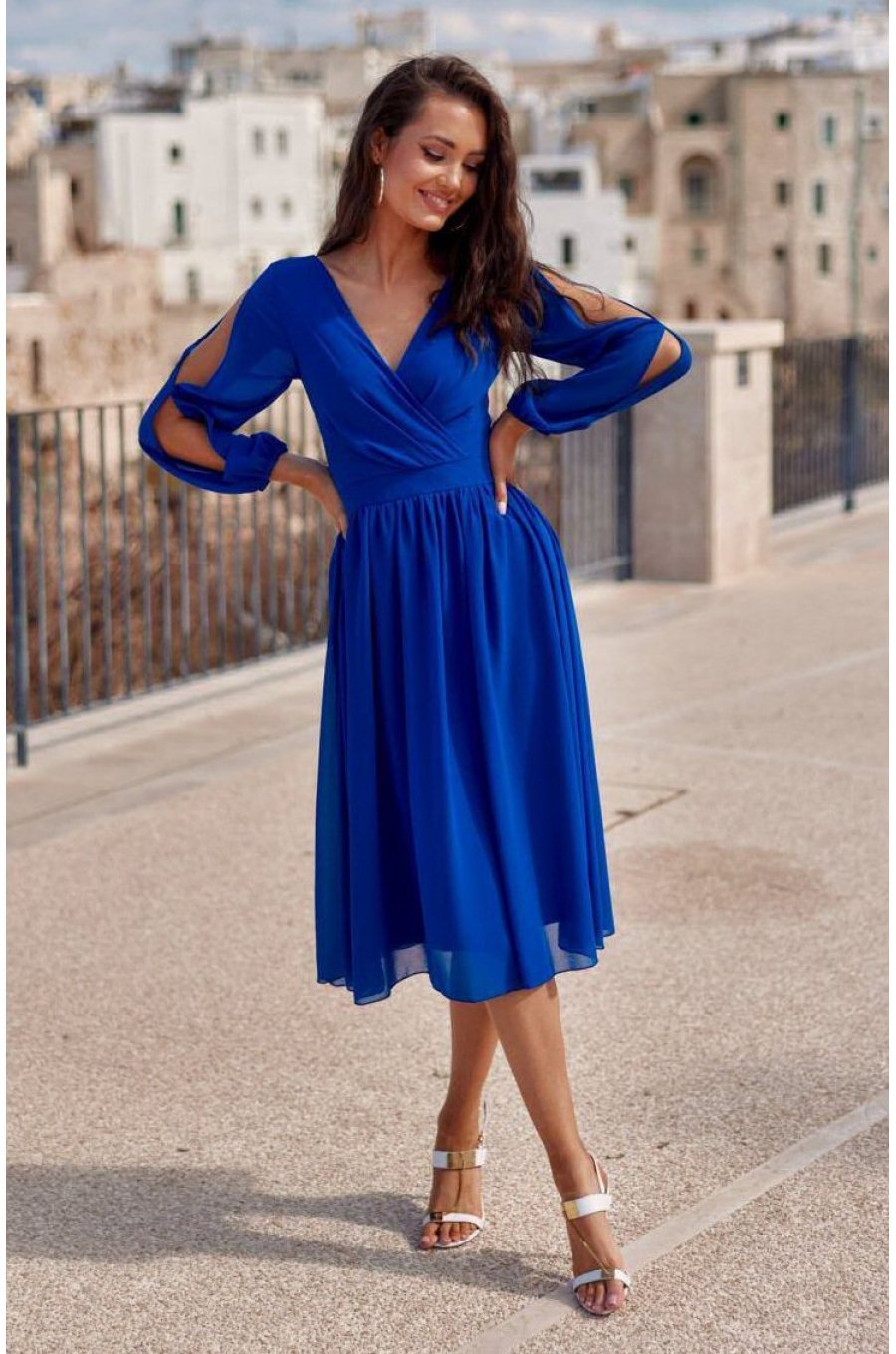 Rochie albastra vaporoasa din voal midi cu maneca lunga petrecuta Melen 1 - jojofashion.ro