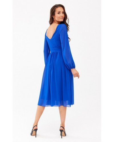 Rochie albastra vaporoasa din voal midi cu maneca lunga petrecuta Melen Rochii de zi, Rochie albastra vaporoasa din voal midi cu maneca lunga petrecuta Melen - jojofashion.ro