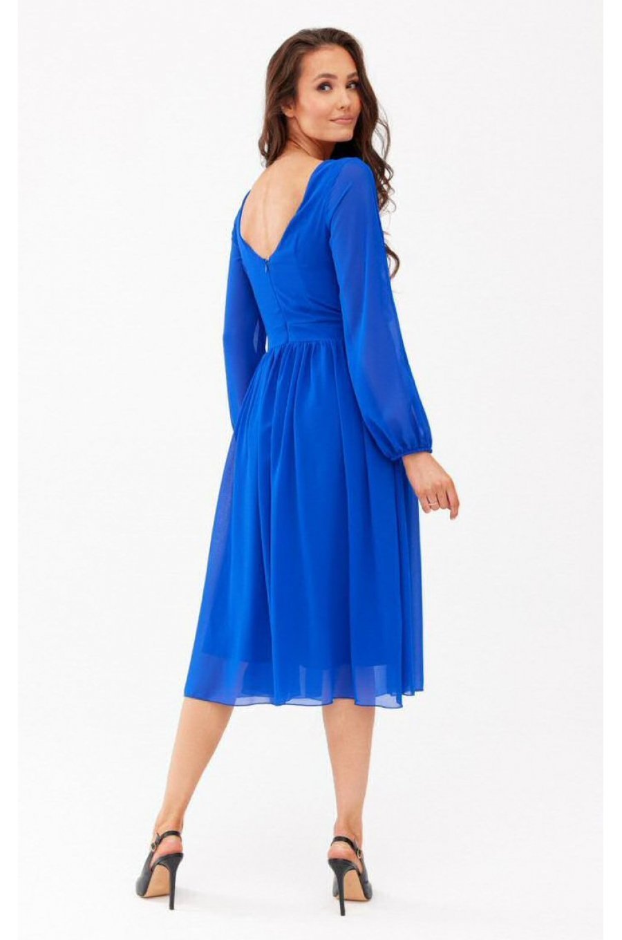 Rochie albastra vaporoasa din voal midi cu maneca lunga petrecuta Melen 2 - jojofashion.ro