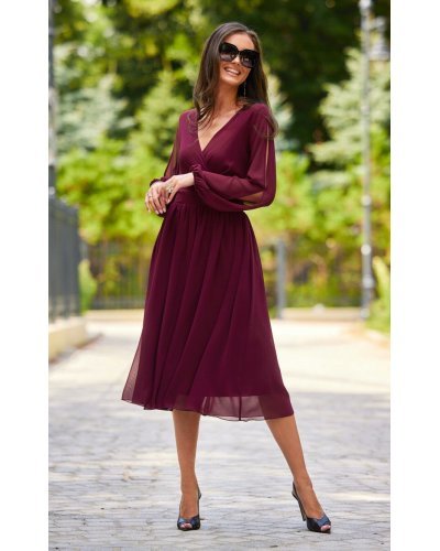 Rochie midi din voal burgundy vaporoasa cu maneca lunga Melen Rochii de zi, Rochie midi din voal burgundy vaporoasa cu maneca lunga Melen - jojofashion.ro