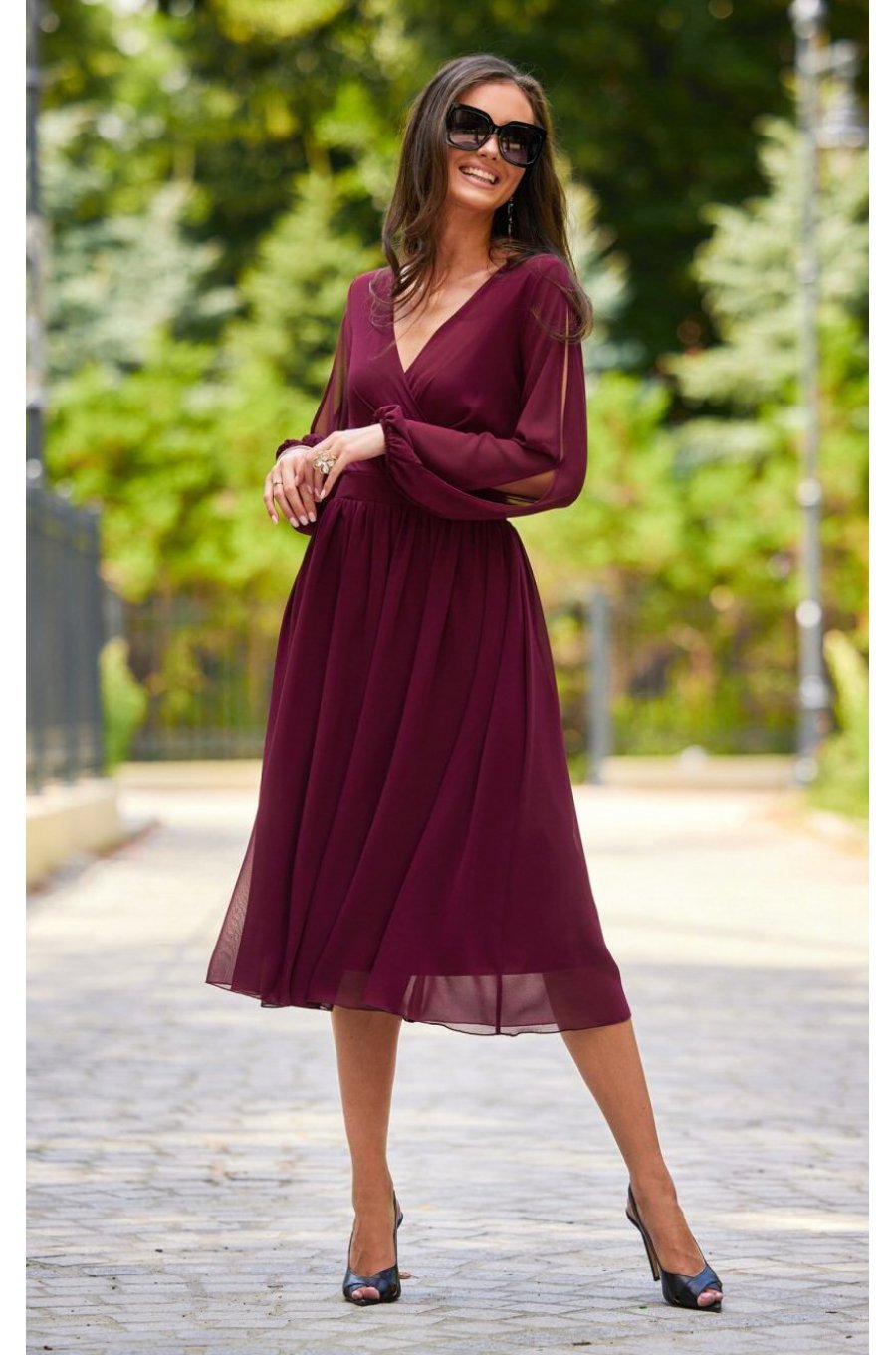 Rochie midi din voal, burgundy, cu maneca lunga, vaporoasa, Melen 1 - jojofashion.ro