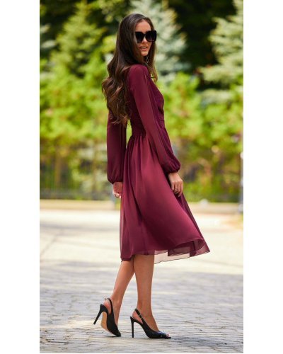 Rochie midi din voal burgundy vaporoasa cu maneca lunga Melen Rochii de zi, Rochie midi din voal burgundy vaporoasa cu maneca lunga Melen - jojofashion.ro