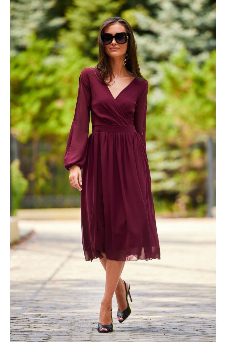 Rochie midi din voal burgundy vaporoasa cu maneca lunga Melen 4 - jojofashion.ro