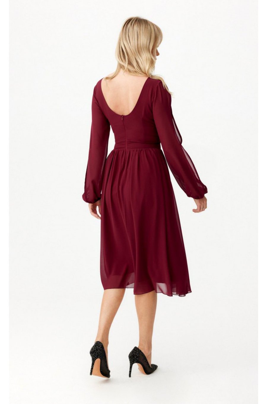 Rochie midi din voal burgundy vaporoasa cu maneca lunga Melen 5 - jojofashion.ro
