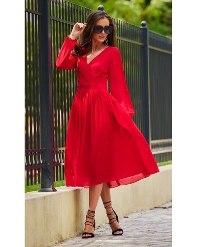 Rochie rosie midi din voal vaporoasa cu maneca lunga Melen Rochii rosii, Rochie rosie midi din voal vaporoasa cu maneca lunga Melen - jojofashion.ro