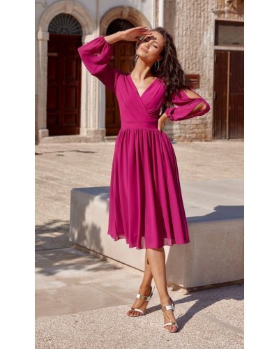Rochie din voal roz magenta midi cu maneca lunga vaporoasa Melen Rochii de zi, Rochie din voal roz magenta midi cu maneca lunga vaporoasa Melen - jojofashion.ro