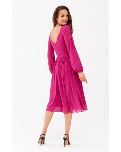 Rochie din voal roz magenta midi cu maneca lunga vaporoasa Melen Rochii de zi, Rochie din voal roz magenta midi cu maneca lunga vaporoasa Melen - jojofashion.ro