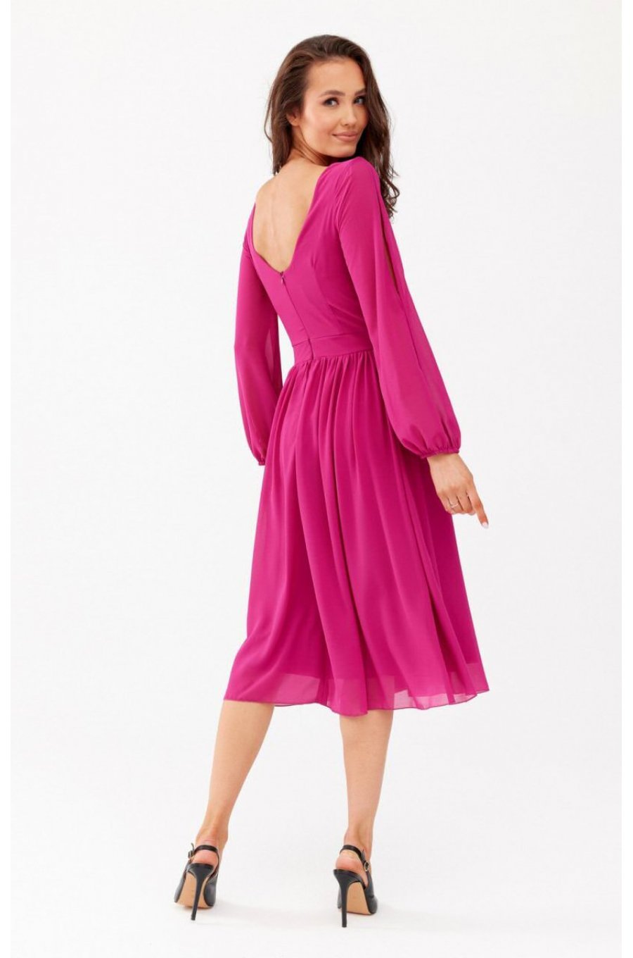 Rochie din voal roz magenta midi cu maneca lunga vaporoasa Melen 2 - jojofashion.ro